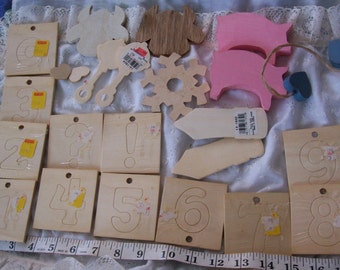 37 Mainly UNFinished Wood Craft Items - includes Wood number cutouts
