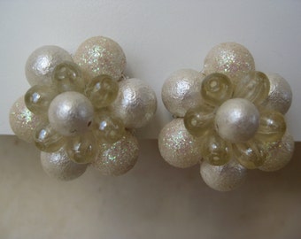 White and Off White Glitter Cluster - vintage earrings