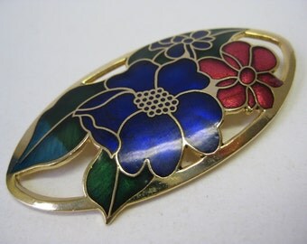 Flower Brooch Blue Red Gold Enamel Vintage Pin