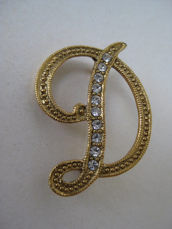 D Initial Brooch Gold Rhinestone Vintage Pin