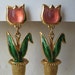 Tulip Flower Earrings Pink Gold Green Dangle Vintage