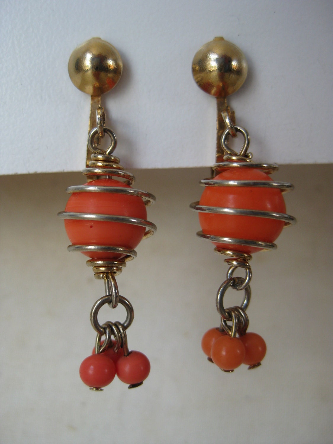 Orange Gold Dangle Earrings Clip Vintage