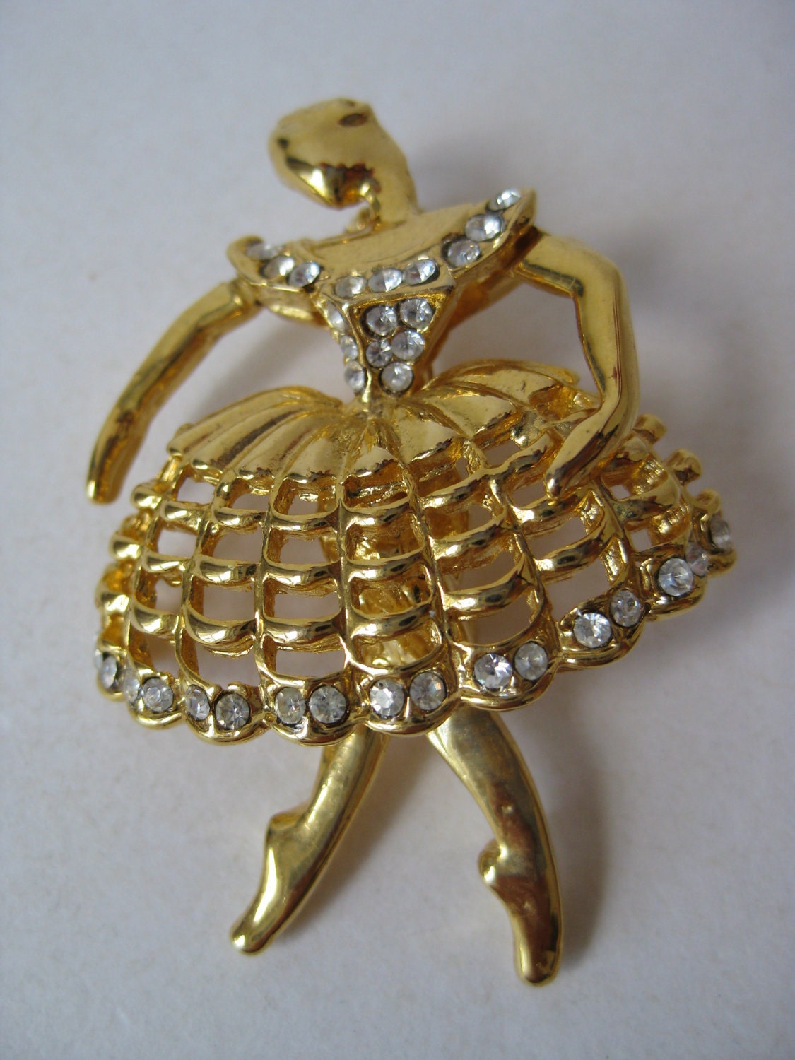 Ballerina Brooch Dancer Gold Rhinestone Vintage Pin