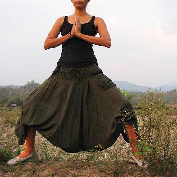 Harem Pants...Plus Size .. Dark Green mix silk shirring