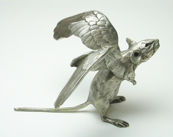 Winged Sprightly Mouse - Bronze Sculpture - 7 and a bit inches nose tip to tail tip - Objet d'art metal ornament and luxury paperweight.