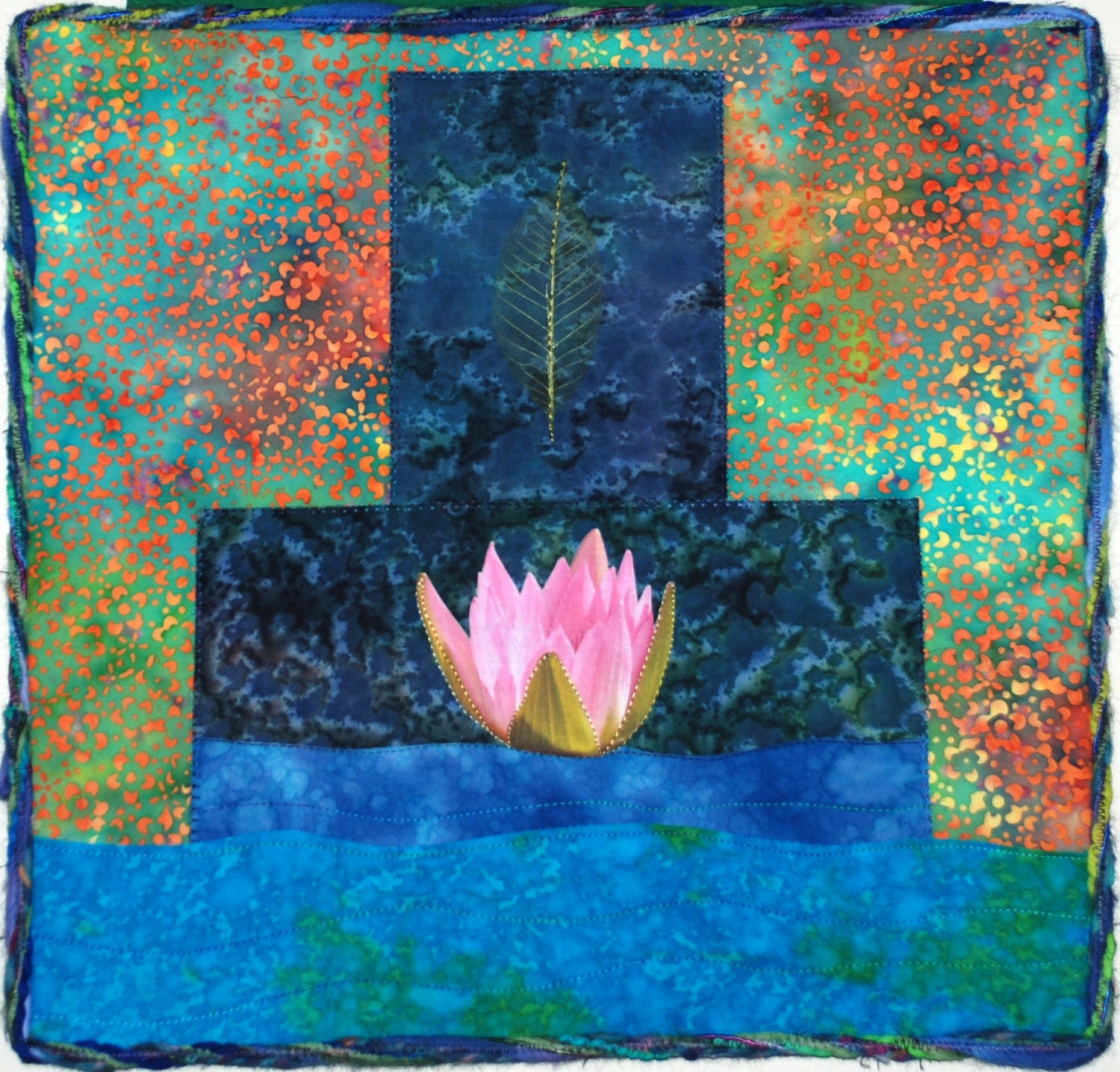Lotus Flower and Leaf Art Quilt Wall Hanging