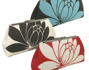 THREE BRIDESMAIDS CLUTCHES - Linen Lotus Flowers - Silk Lining
