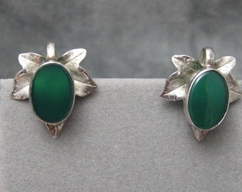 Sterling Leaf Earrings Chrysophrase Vintage Jewelry Carl Art E3922