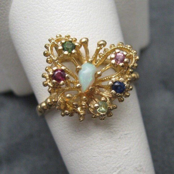 14K Gold Butterfly Ring Opal Multi Gemstones R2452