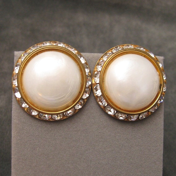 Rhinestone Pearl Button Earrings Large Vintage E3876