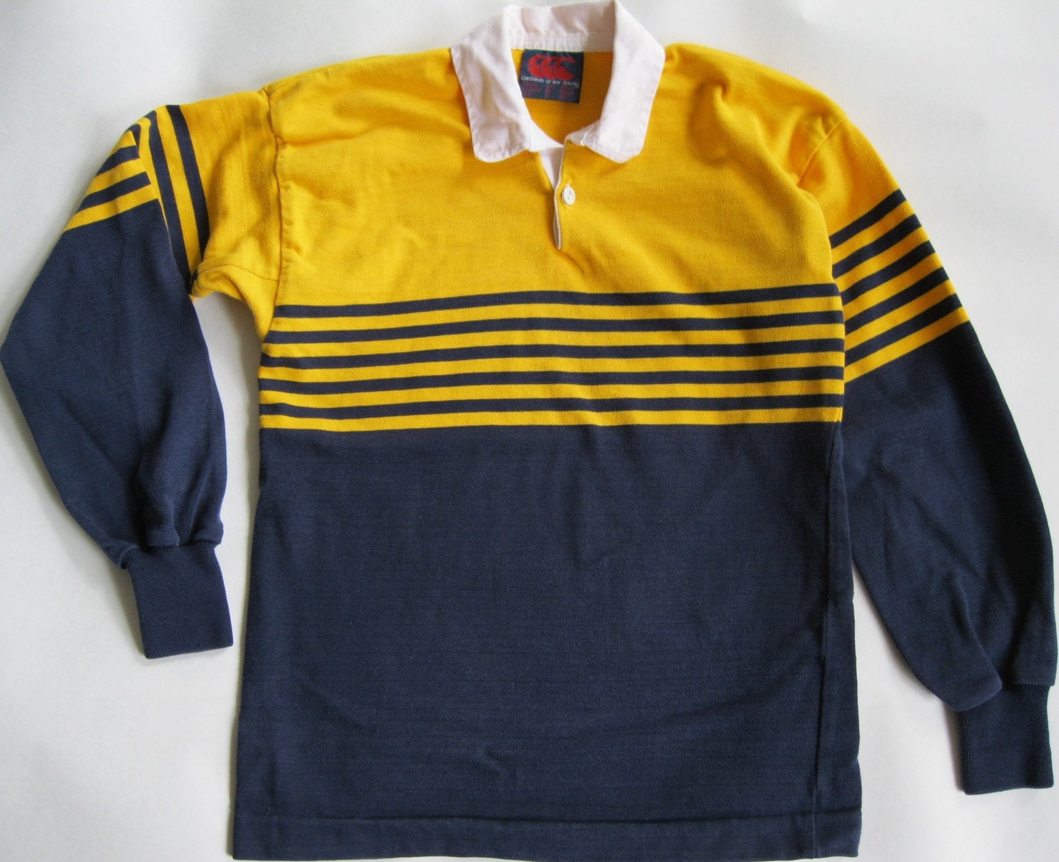 1980's men's vintage rugby shirt in yellow navy blue