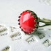 Red Cocktail Ring Adjustable Faceted Victorian Antiqued Brass Ring Gift for Her