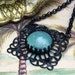 Black Enamel Filigree Pendant Goth Victorian Ornate Necklace with Absinthe Mint Green Moon Stone Cabochon and Thick Black Chain Gift Box
