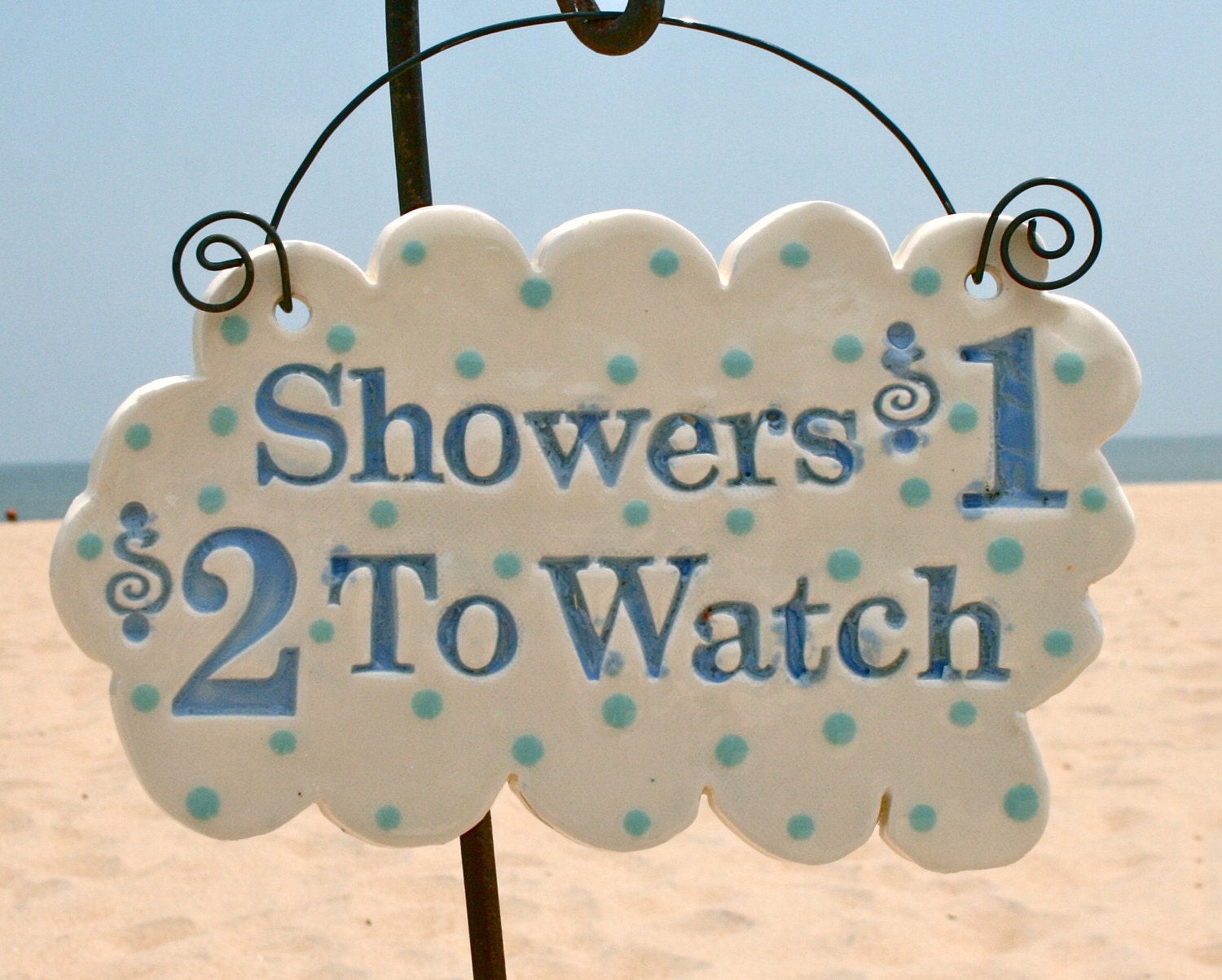 Ceramic Outdoor Shower Sign Handmade Glazed Clay Tile Art