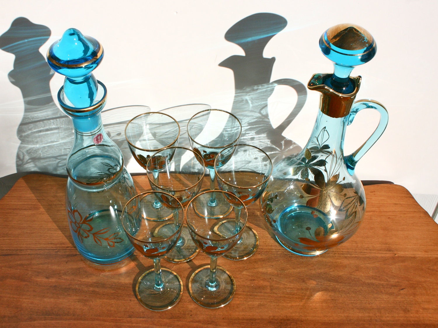 Antique Romanian Blue Glass Decanter Set with Metallic Gold