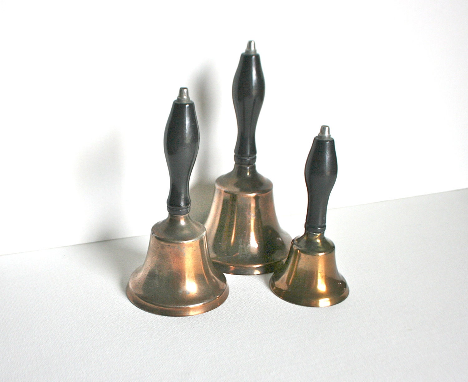 Vintage Brass Hand Bells Set Of 3 Antique School Teacher