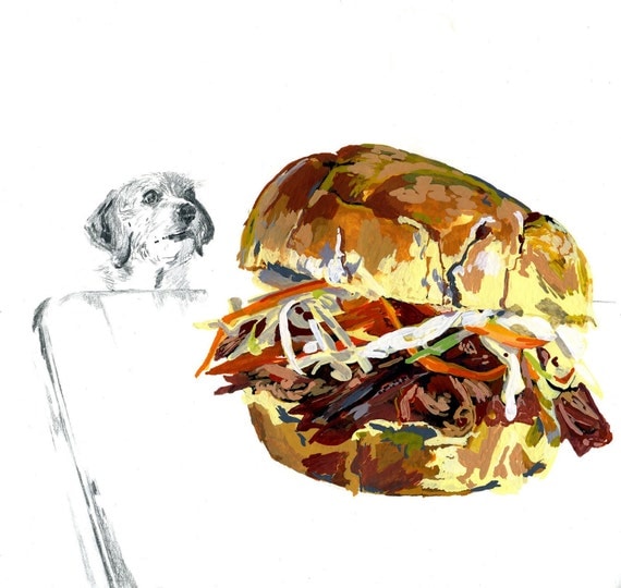 Pulled Pork sandwich with hungry dog original drawing
