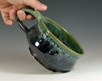 Made to order Soup mug ceramic, handled bowl for chili, glazed in metallic gray green, handmade stoneware by hughes pottery
