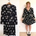 Long Sleeves Dress - Black and White Floral Mini - Size Medium Large
