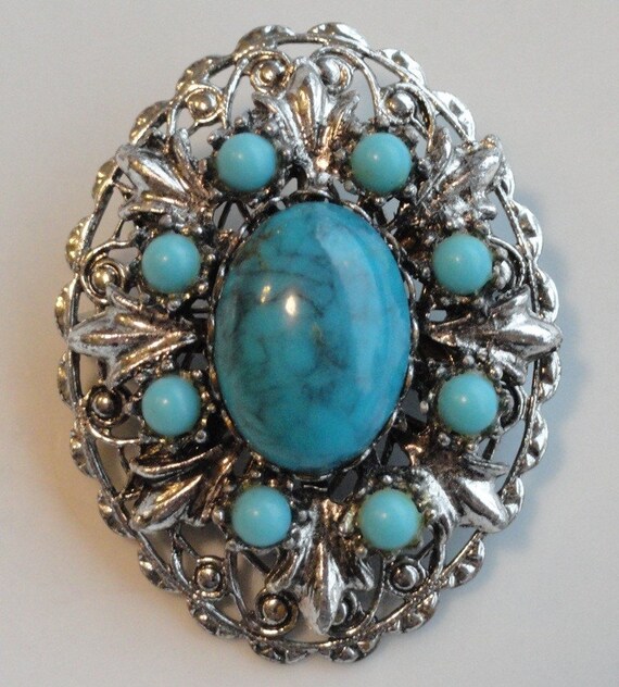 Turquoise and Silver Vintage Brooch Pin