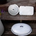 CLEARANCE 3 vinTage EnameLwaRe GraNiTewaRe aGaTe LIDS COVERS-WhiTe wiTh bLacK TriM-aWeSoMe