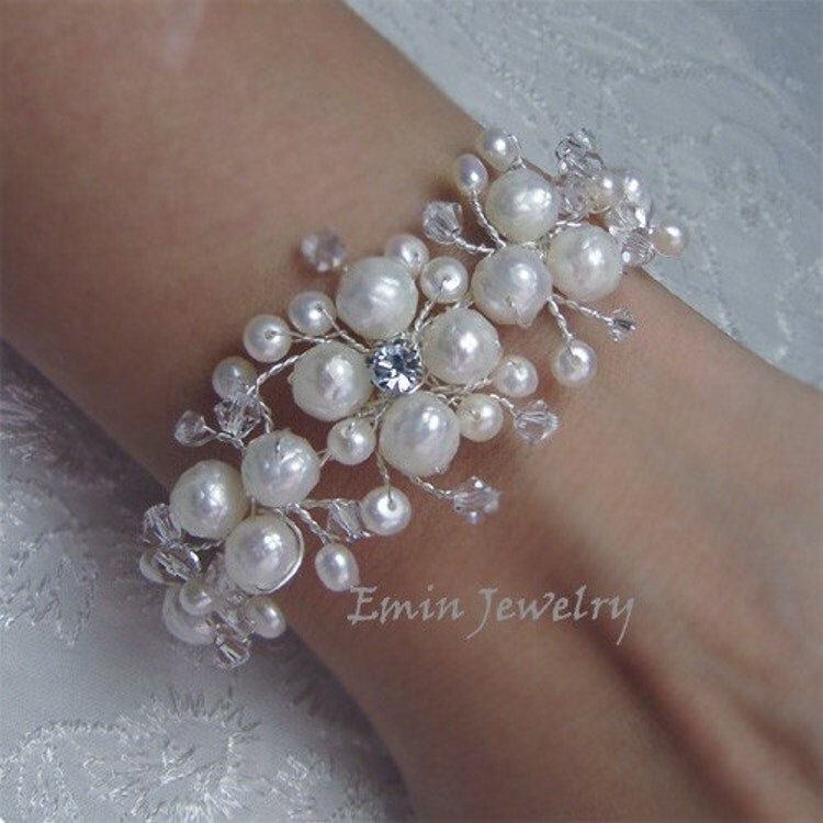 Wedding Cuff Bracelet NAtural Off White Pearls by adriajewelry
