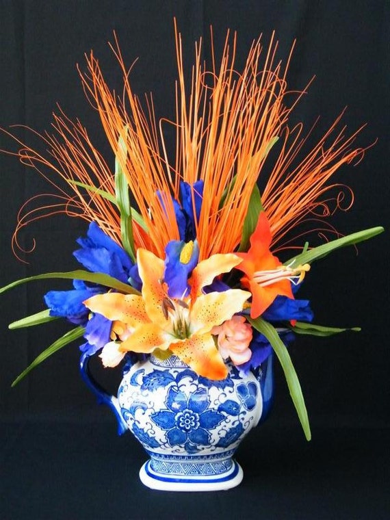 Modern Art Deco Silk Floral Arrangement Orange Tiger Lilies