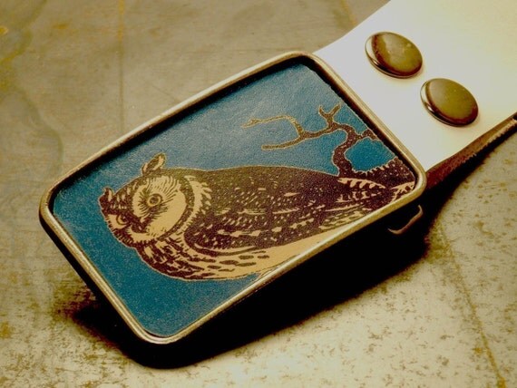 Owl belt buckle on blue, The night bound leather belt buckle