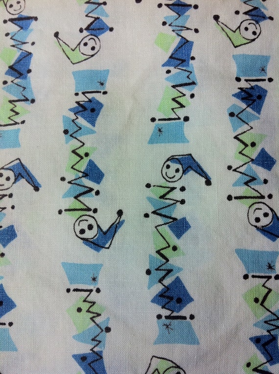 Vintage Jack In the Box Fabric 60s blue and white kitsch