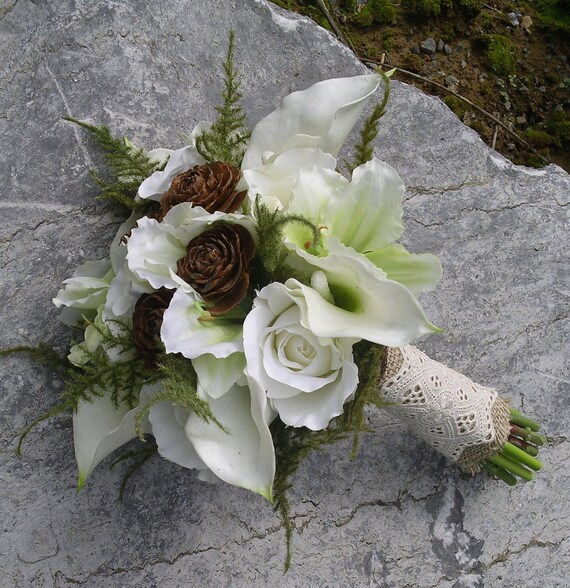 Woodland Real Touch silk Calla Lily & Rose Hand Tied Wedding Bouquet with Burlap and Lace Rustic, Enchanted Forest, or Winter Wedding