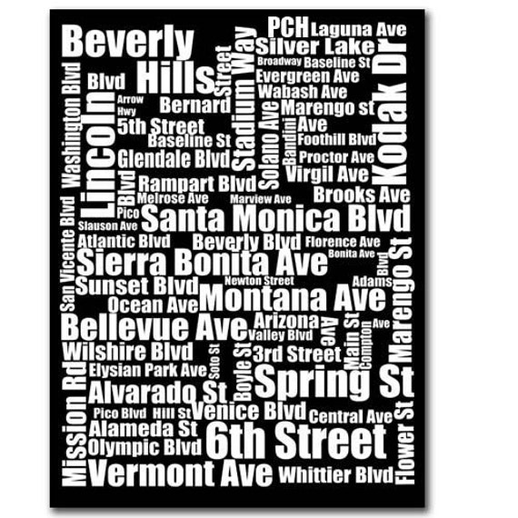 Typography Of Los Angeles Street Names In Black And White A4