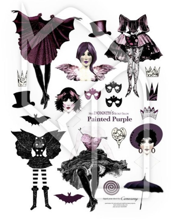 Paper Doll Purple Painting Digital Collage Print Sheet no 227