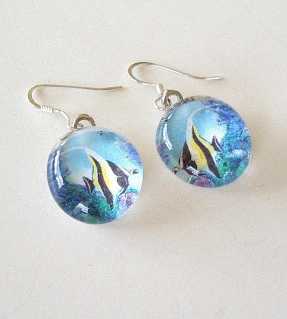 Ocean Fish Aquarium Jewelry Earrings Moorish Idol Art Glass