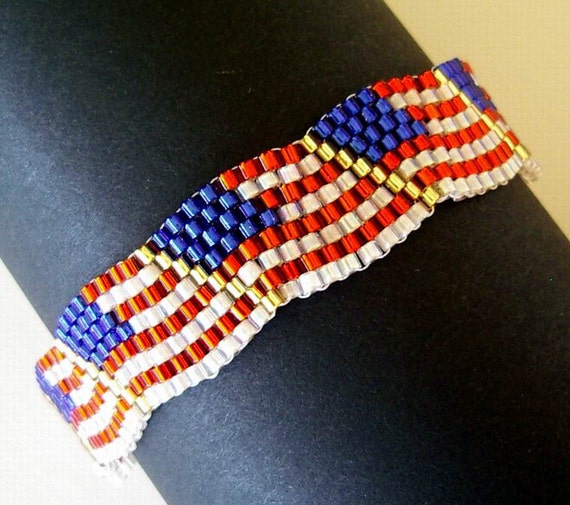 Beaded Bracelet US Flag Wavy Red White Blue by AllKindsofArt