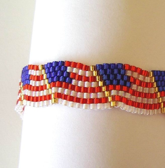 Beaded Bracelet US Flag Wavy Red White Blue by AllKindsofArt