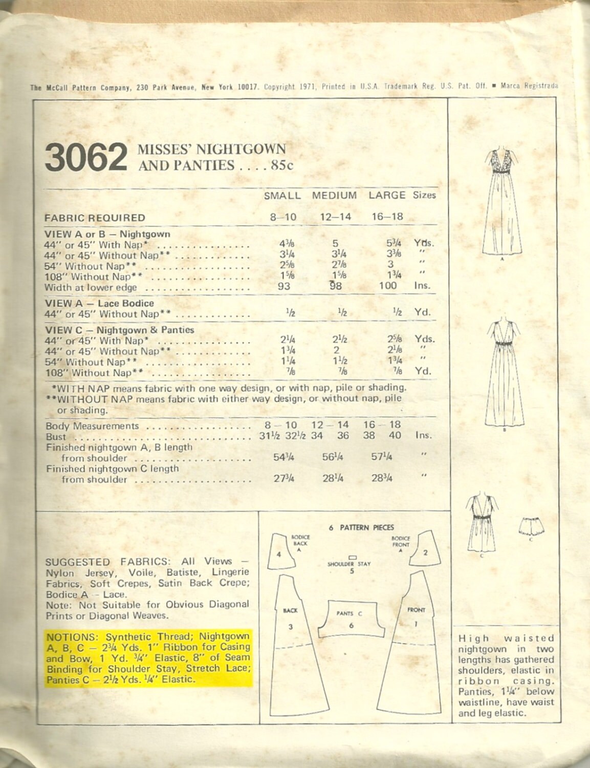 McCalls 3062 1970s Easy Misses Panties Nightgown Pattern Low