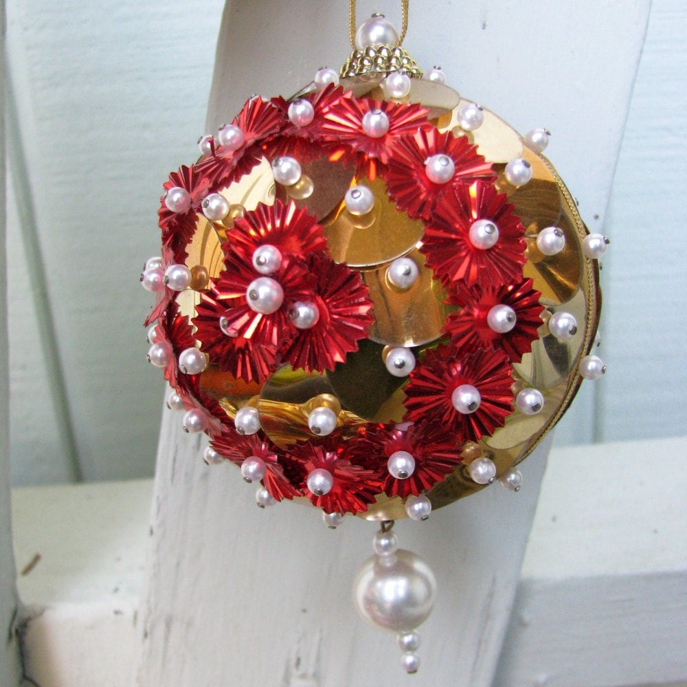 Vintage Handmade Beaded Sequin Christmas Ornament Victorian