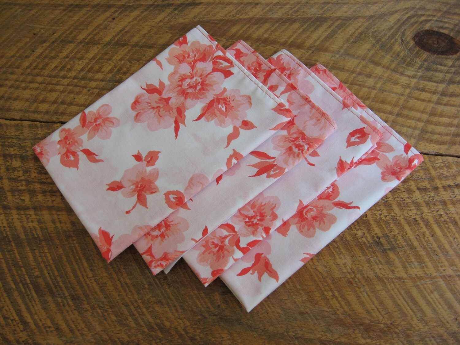 Coral Napkins Set of 4 Vintage Floral Fabric Gift Under 25
