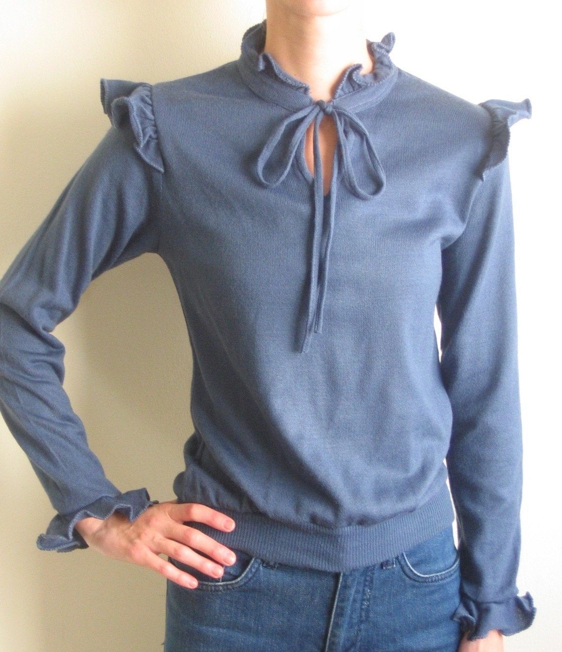 SALE Blue RUFFLE Neck Sweater