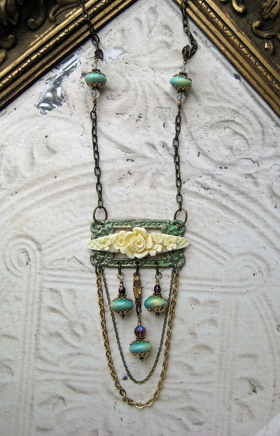 Art Nouveau Necklace handmade turquoise clay beads faux ivory