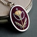 Embroidered Pendant Necklace Mint and Honey Blossom on Plum Linen