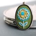 Embroidered Pendant Necklace Aqua Lemon Blossom on Green Linen