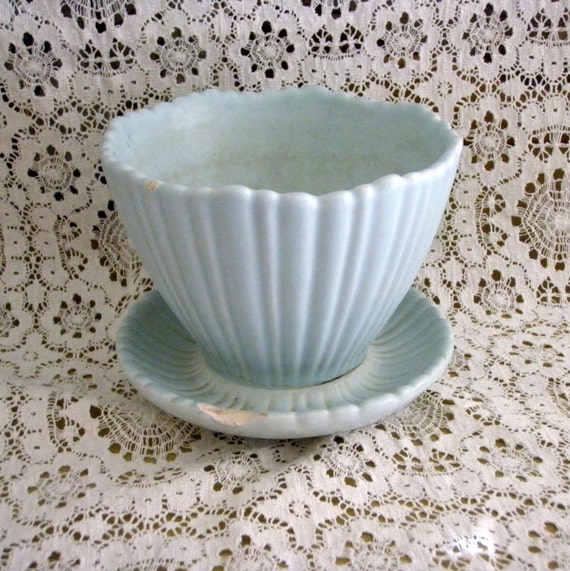 Terrace Ceramics Pottery Flower Pot Aqua Ridged Vintage 6202