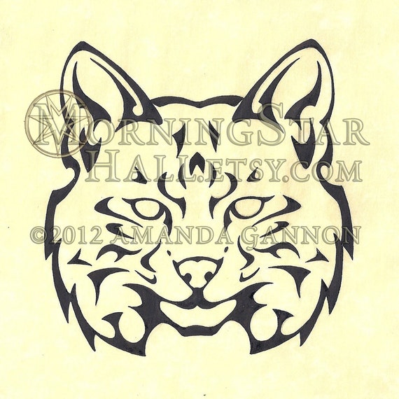 Tribal Lynx Face tattoo flash style ink illustration