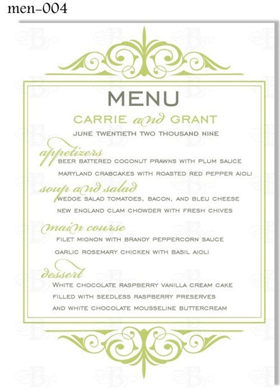 Printable Wedding Menu Card Digital Design