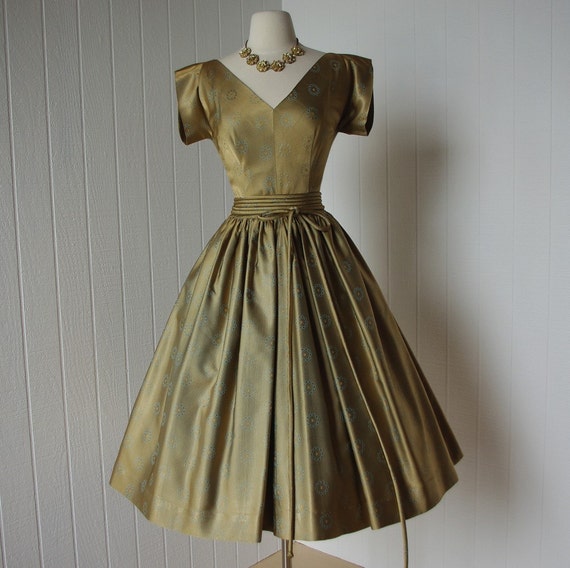 24 HOLD vintage 1950s dress ...designer ANNE FOGARTY golden