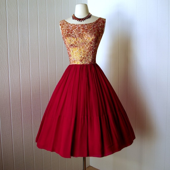 1950s dress ...gorgeous designer LOU-ETTE red crepe chiffon and gold ...