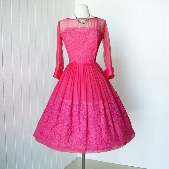 vintage 1950's dress ...fabulous HOT PINK CHIFFON by traven7