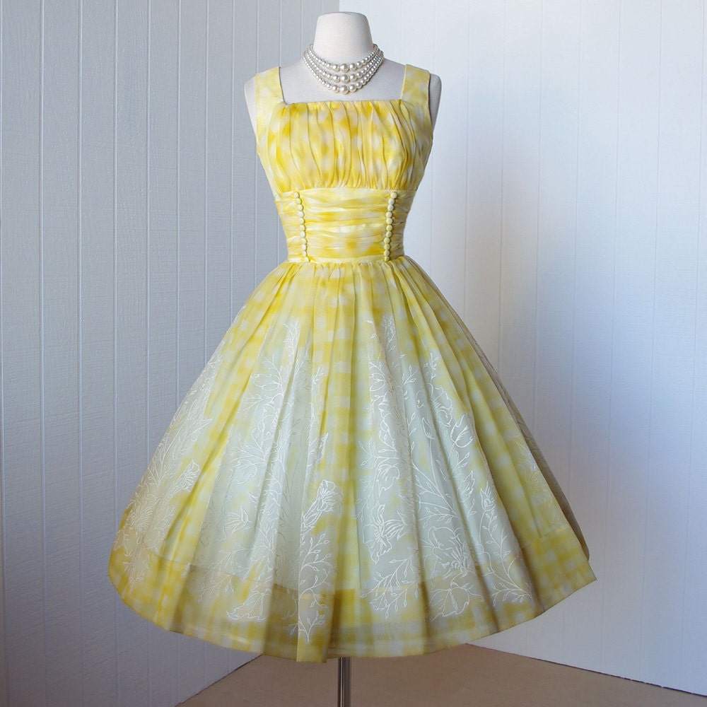 vintage 1950's dress ...fabulous yellow and white chiffon