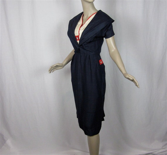 Vintage 1940s Red White and Blue Dress Sz L by FireflyVintage
